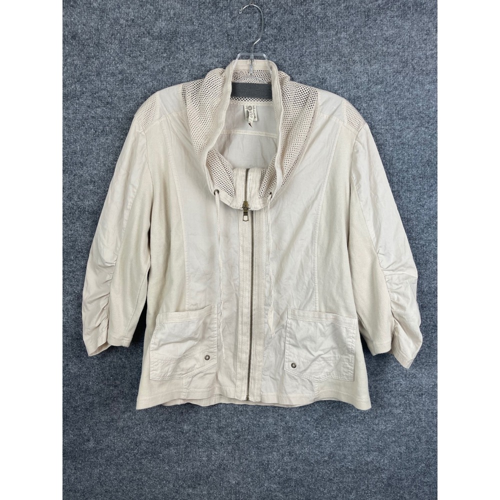 XCVI Full Zip Jacket Womens XL Cream Excellent Mesh Funnel Neck Ruched Sleeve